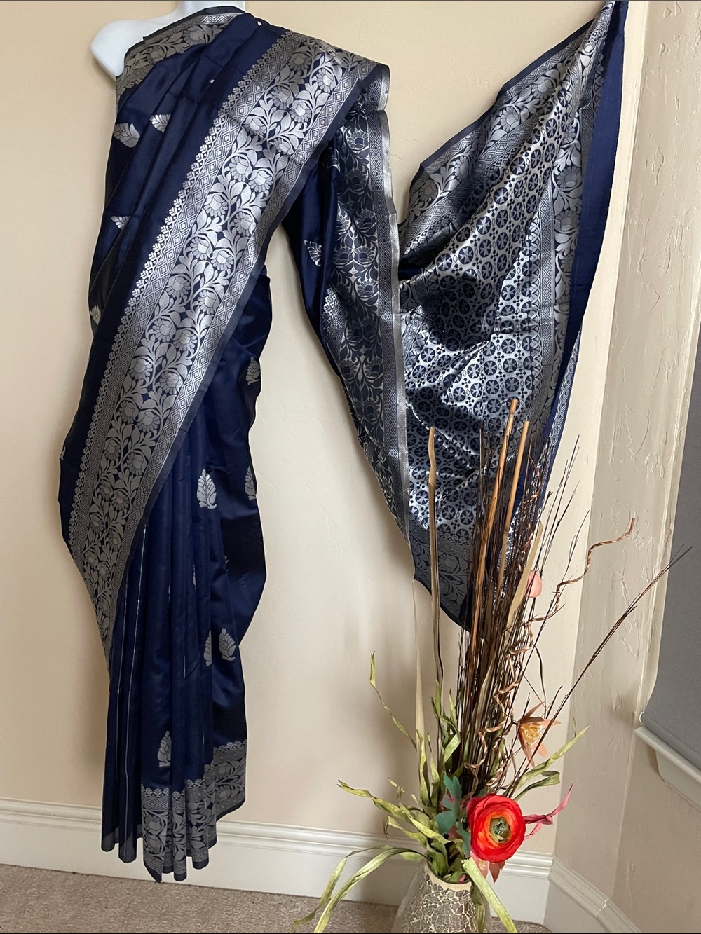 Navy and Silver Floral Faux-Florals saree